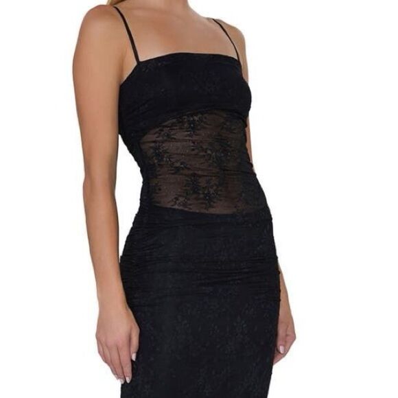 AFRM Jennan Ruched Black Floral Lace Sheer Detail Whimsigoth Dress Large NEW - Picture 4 of 14